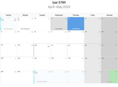 Printable Hebrew-month calendar Iyar 5789