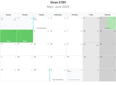 Printable Hebrew-month calendar Sivan 5789