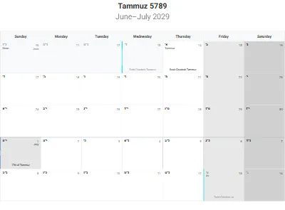 Printable Hebrew-month calendar Tammuz 5789