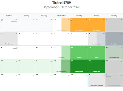 Printable Hebrew-month calendar Tishrei 5789