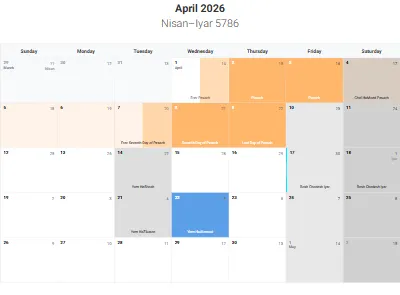 Printable Jewish calendar April 2026 with holidays