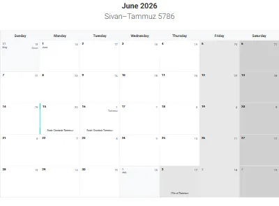 Printable Jewish calendar June 2026 with holidays