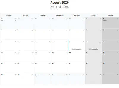 Printable Jewish calendar August 2026 with holidays