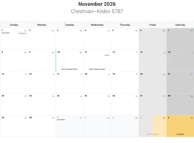 Printable Jewish calendar November 2026 with holidays