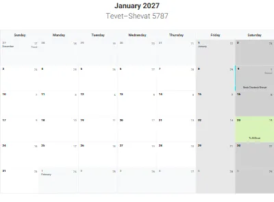 Printable Jewish calendar January 2027 with holidays