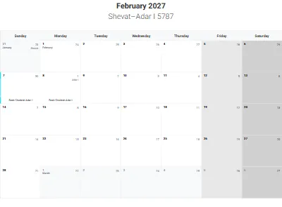 Printable Jewish calendar February 2027 with holidays