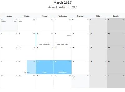 Printable Jewish calendar March 2027 with holidays