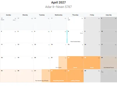 Printable Jewish calendar April 2027 with holidays
