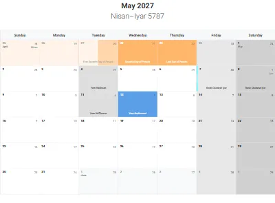 Printable Jewish calendar May 2027 with holidays