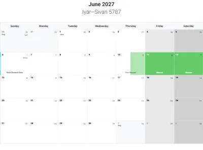 Printable Jewish calendar June 2027 with holidays