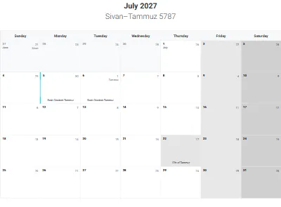 Printable Jewish calendar July 2027 with holidays