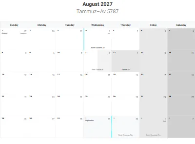 Printable Jewish calendar August 2027 with holidays