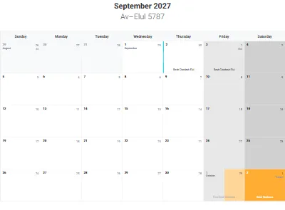 Printable Jewish calendar September 2027 with holidays