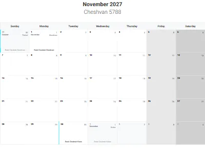 Printable Jewish calendar November 2027 with holidays