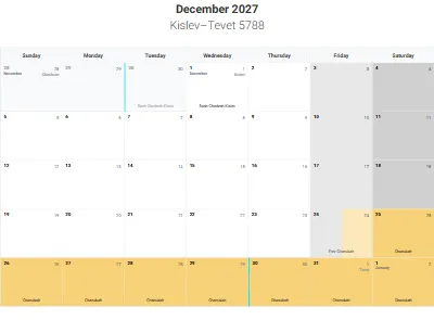 Printable Jewish calendar December 2027 with holidays