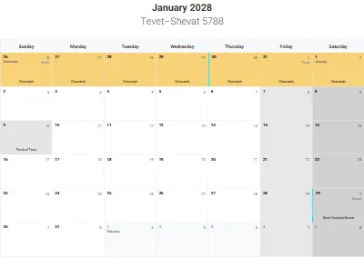 Printable Jewish calendar January 2028 with holidays