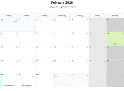 Printable Jewish calendar February 2028 with holidays