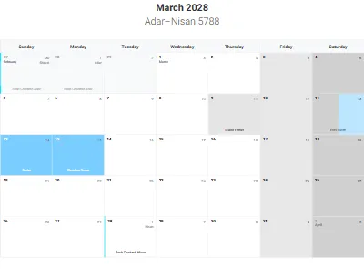 Printable Jewish calendar March 2028 with holidays