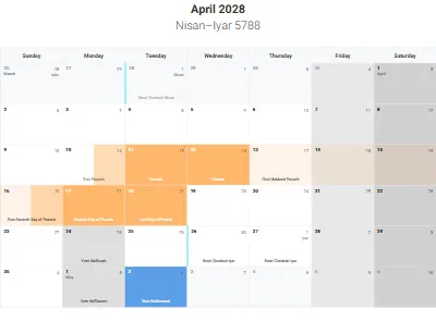 Printable Jewish calendar April 2028 with holidays