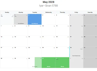 Printable Jewish calendar May 2028 with holidays