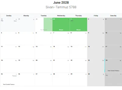 Printable Jewish calendar June 2028 with holidays