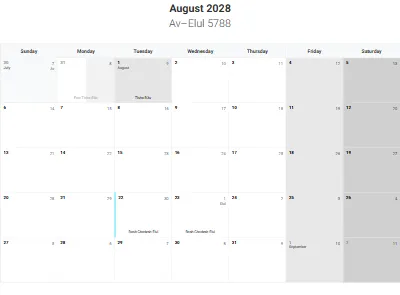 Printable Jewish calendar August 2028 with holidays