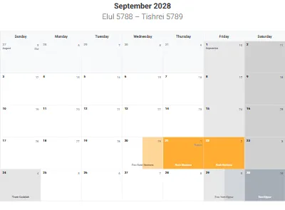 Printable Jewish calendar September 2028 with holidays