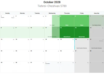 Printable Jewish calendar October 2028 with holidays