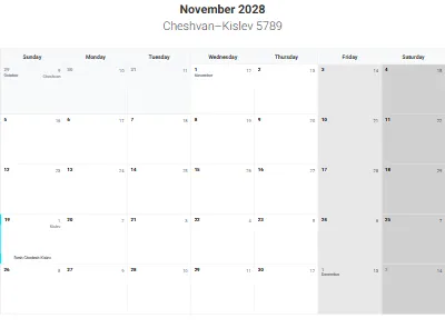 Printable Jewish calendar November 2028 with holidays