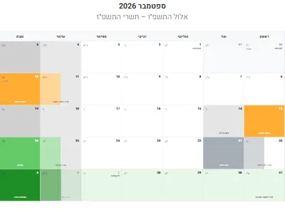 לוח שנה ספטמבר 2026 עם חגים להדפסה
