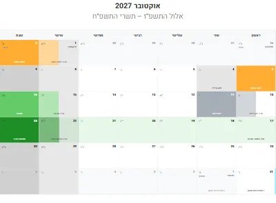 לוח שנה אוקטובר 2027 עם חגים להדפסה