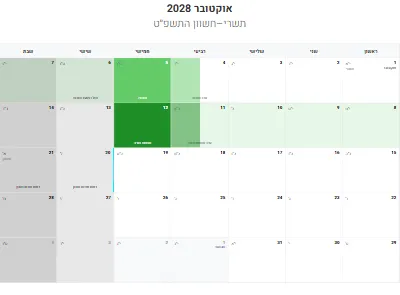 לוח שנה אוקטובר 2028 עם חגים להדפסה
